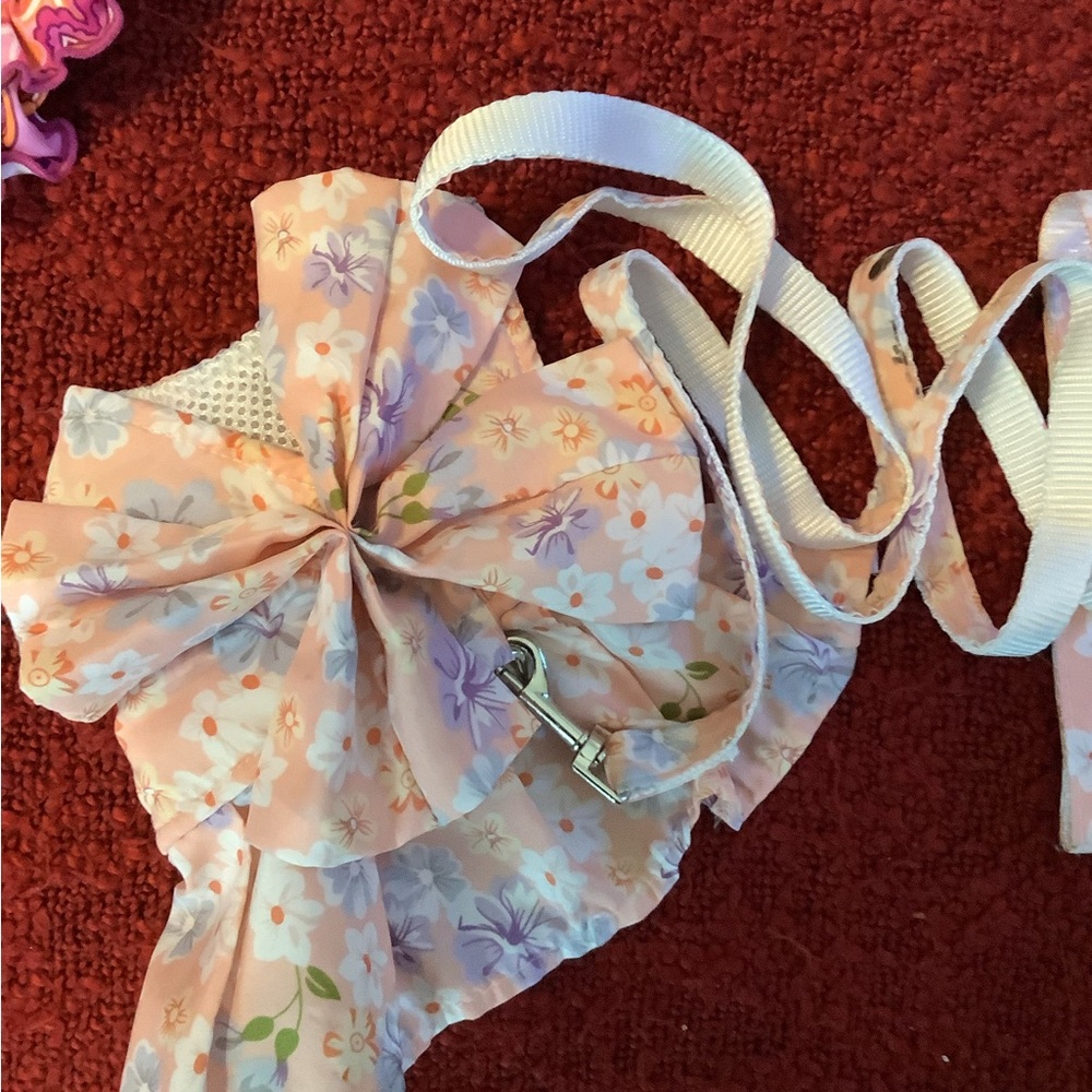 Pink Floral Dog Harness with Bow and Leash